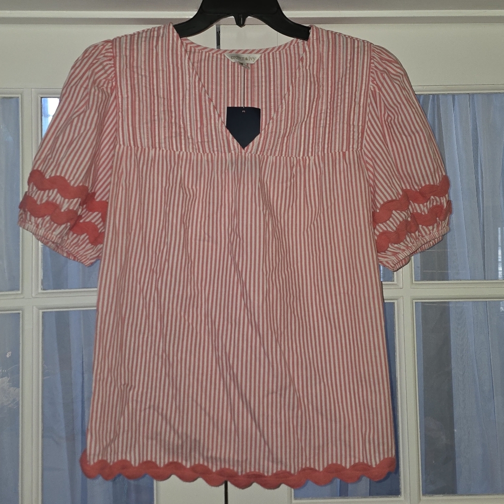 crown & ivy Coral Striped Blouse with Puff Sleeves